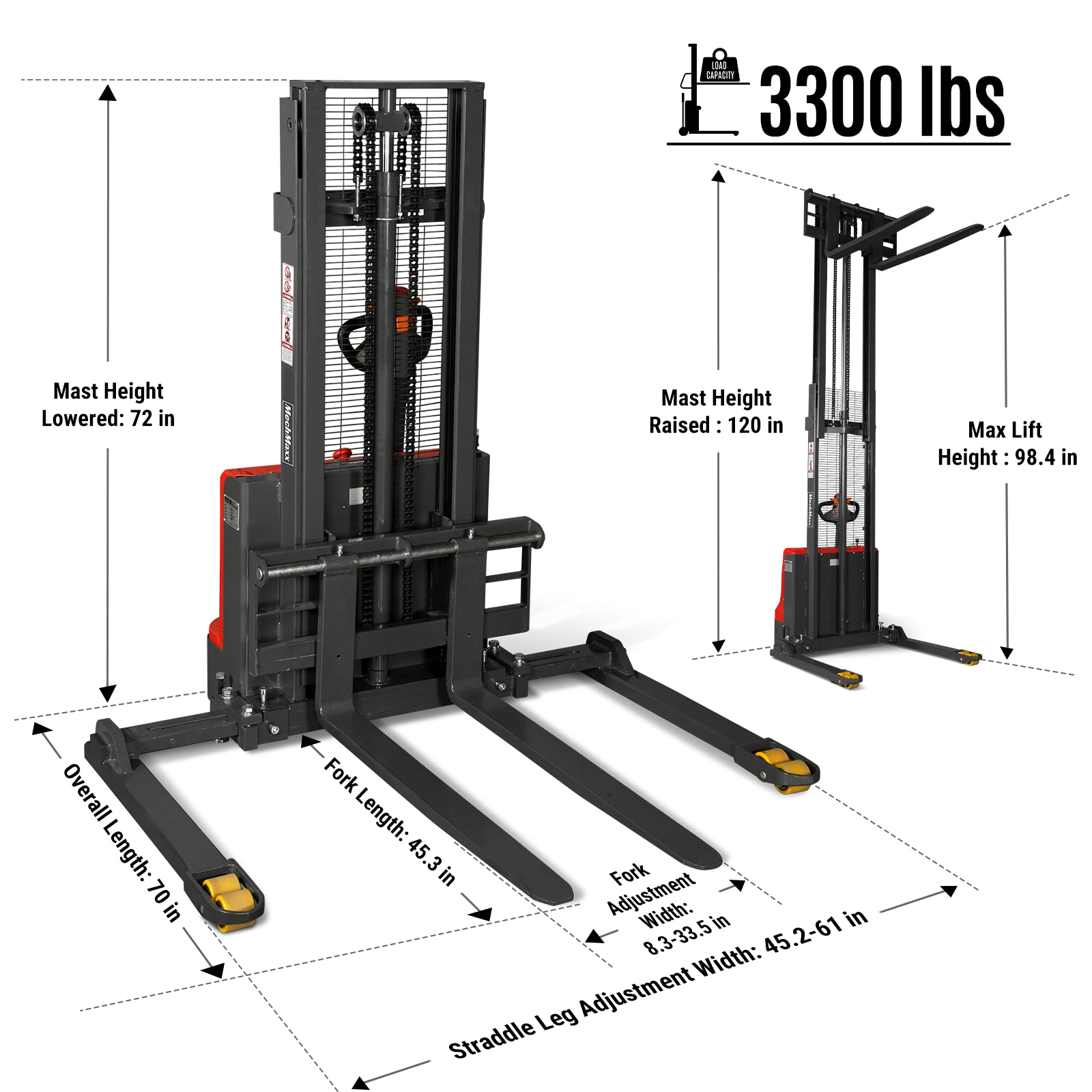 Full Electric Straddle Stacker 98'' Lift 3300lbs Capacity with Adj. Legs and Forks, F33-98S