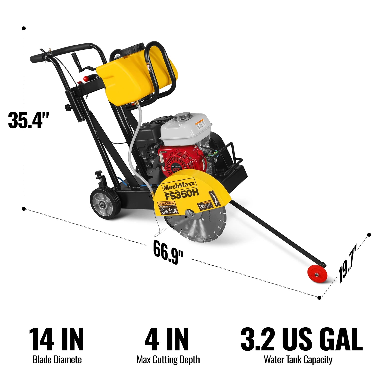 Honda GX160 Walk-Behind Concrete Floor Saw, 14 in Blade, 4 in Cutting Depth, FS350H
