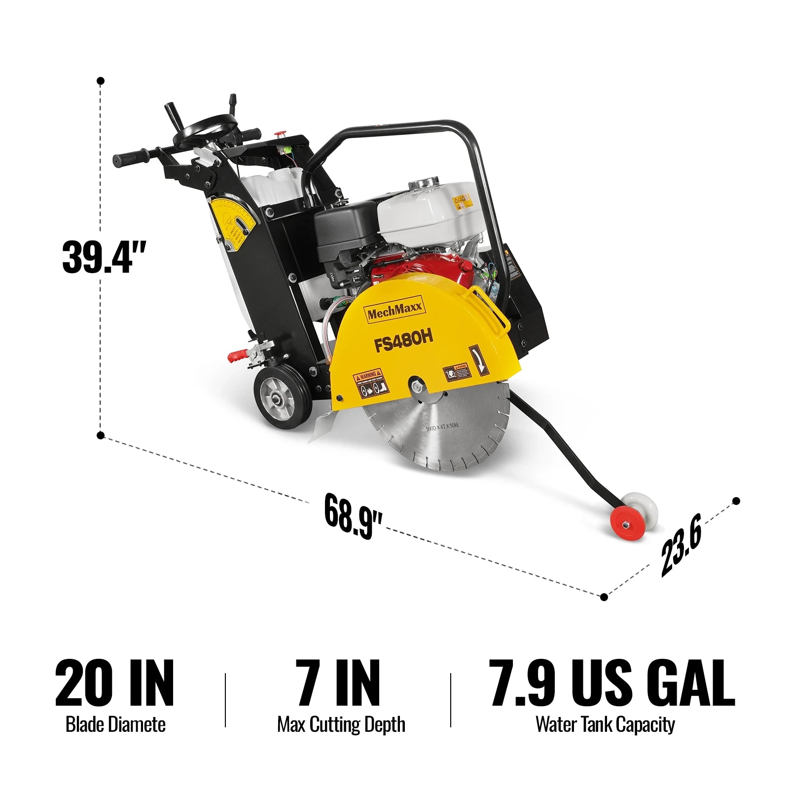 Honda GX390 Walk-Behind Concrete Floor Saw, 20 in Blade, 7 in Cutting Depth, FS480H