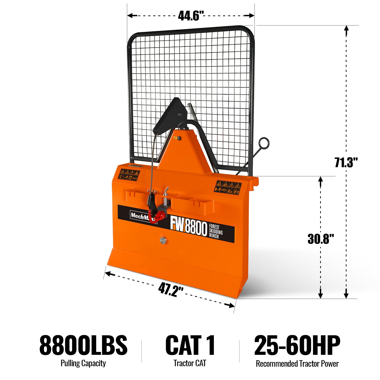 8800lbs 3-Point Hitch Forestry Log Skidding Winch, 200ft Cable Length, 25-60 HP Tractor, Category 1 Hookup, FW8800