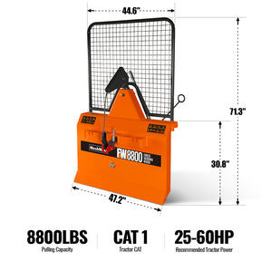 8800lbs 3-Point Hitch Forestry Log Skidding Winch, 200ft Cable Length, 25-60 HP Tractor, Category 1 Hookup, FW8800