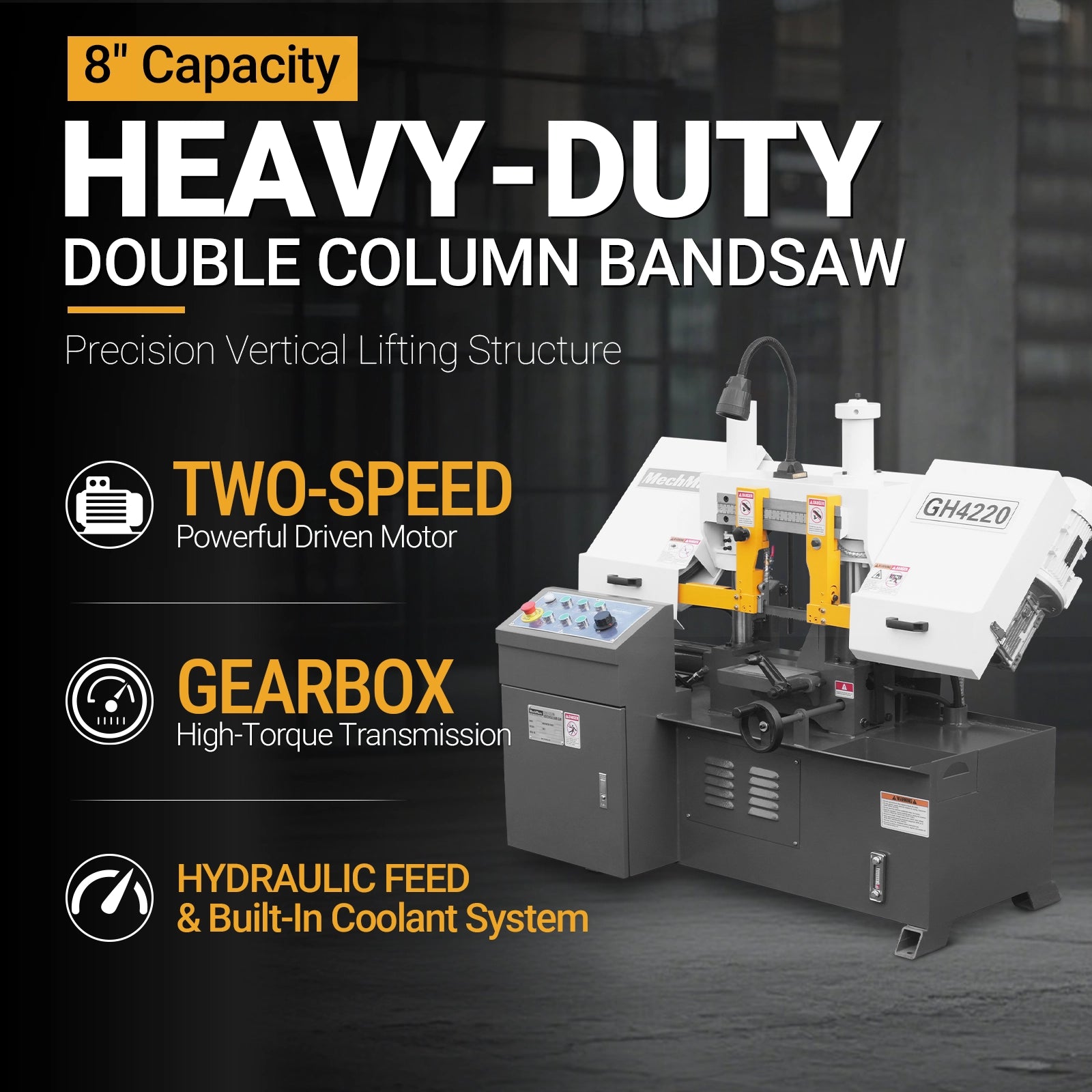 8 Inch 7-7/8" x 7-7/8" Capacity Double Column Horizontal Metal Cutting Band Saw, Vertical Lifting, Gearbox Driven Two-Speed Motor, Hydraulic Feed, Manual Clamping, Coolant System Industrial Bandsaw GH4220