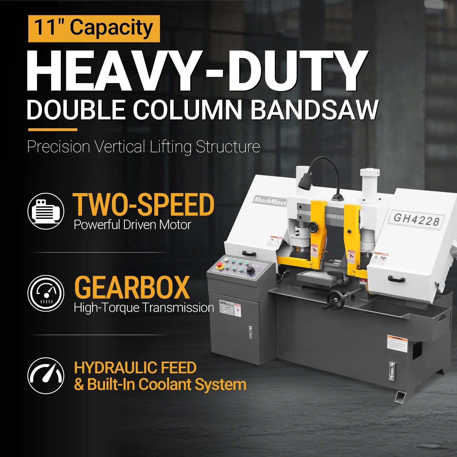 11" Double Column Horizontal Metal Cutting Band Saw, 2-Speed, Hydraulic Feed, 2.8kW Industrial Saw GH4228