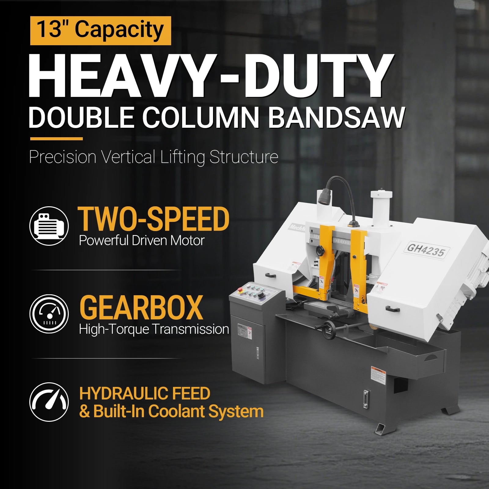 13" Double Column Horizontal Metal Cutting Band Saw | Hydraulic Feed | 2‑Speed | 2.2/2.8kW Industrial Metal Saw for Fabrication, Steel, Alloy, Carbon Steel GH4235