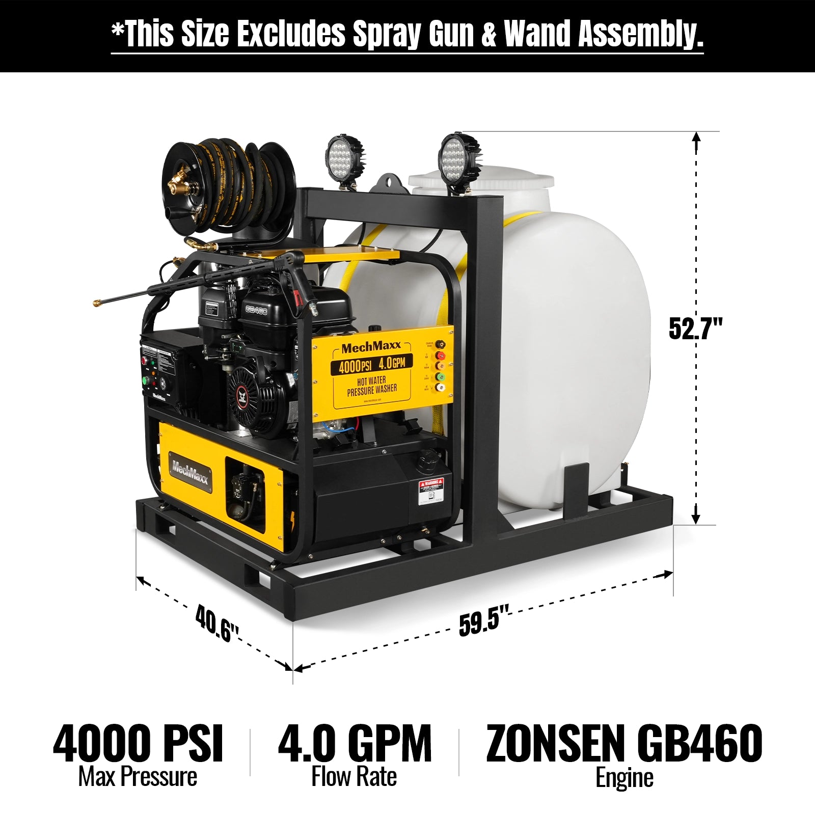 4000 PSI 4 GPM 15 HP ZONSEN E-Start Gas Engine Hot Water Pressure Washer Skid Mounted with 175 Gal Tank, HPW40DT