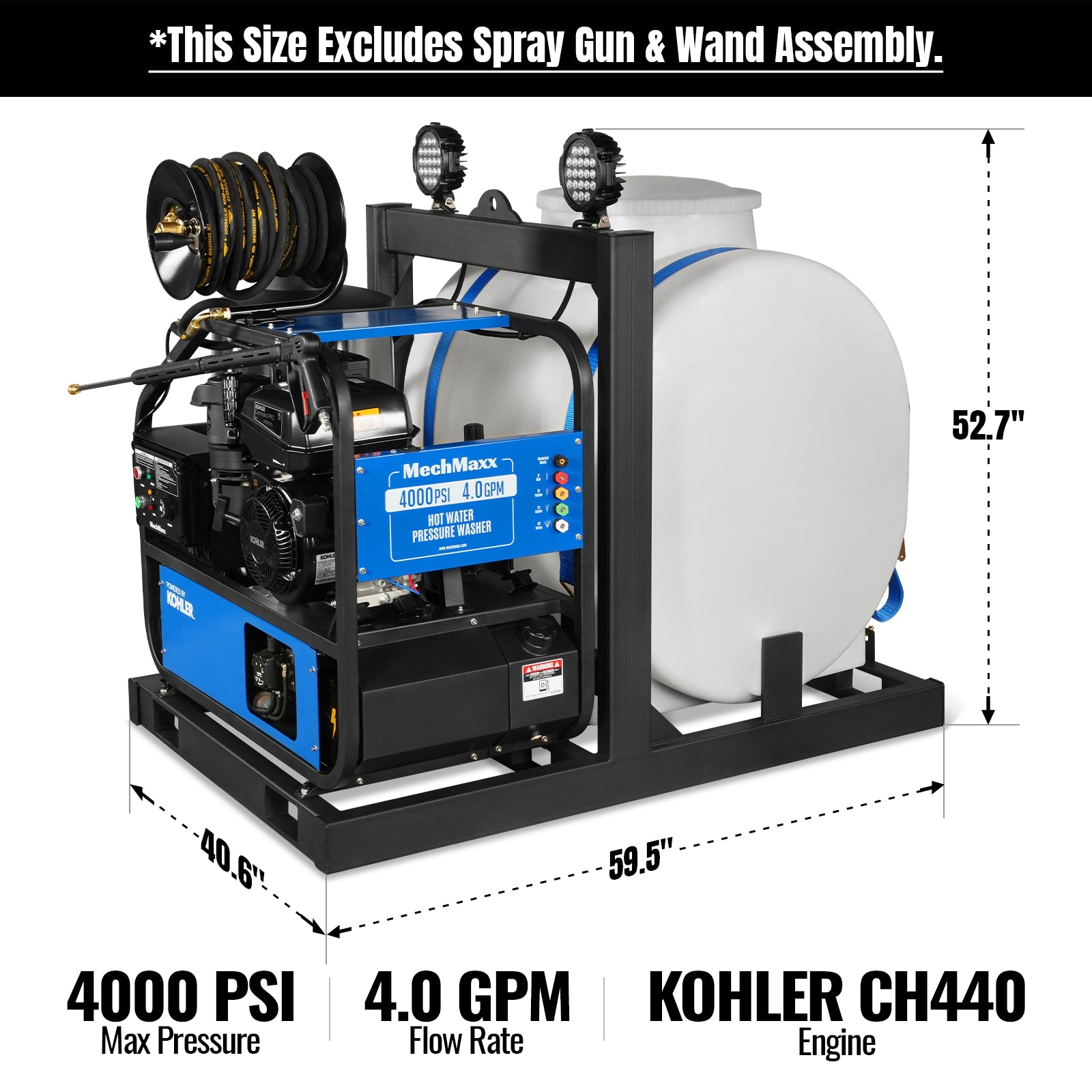4000 PSI 4 GPM KOHLER E-Start Engine Hot Water Pressure Washer Skid Mounted with 175 Gal Tank, HPW40KT