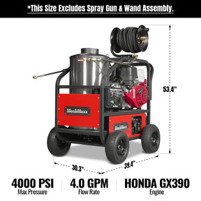 4000 PSI 4 GPM HONDA E-Start Engine Hot Water Pressure Washer with Hose Reel, HPW40H