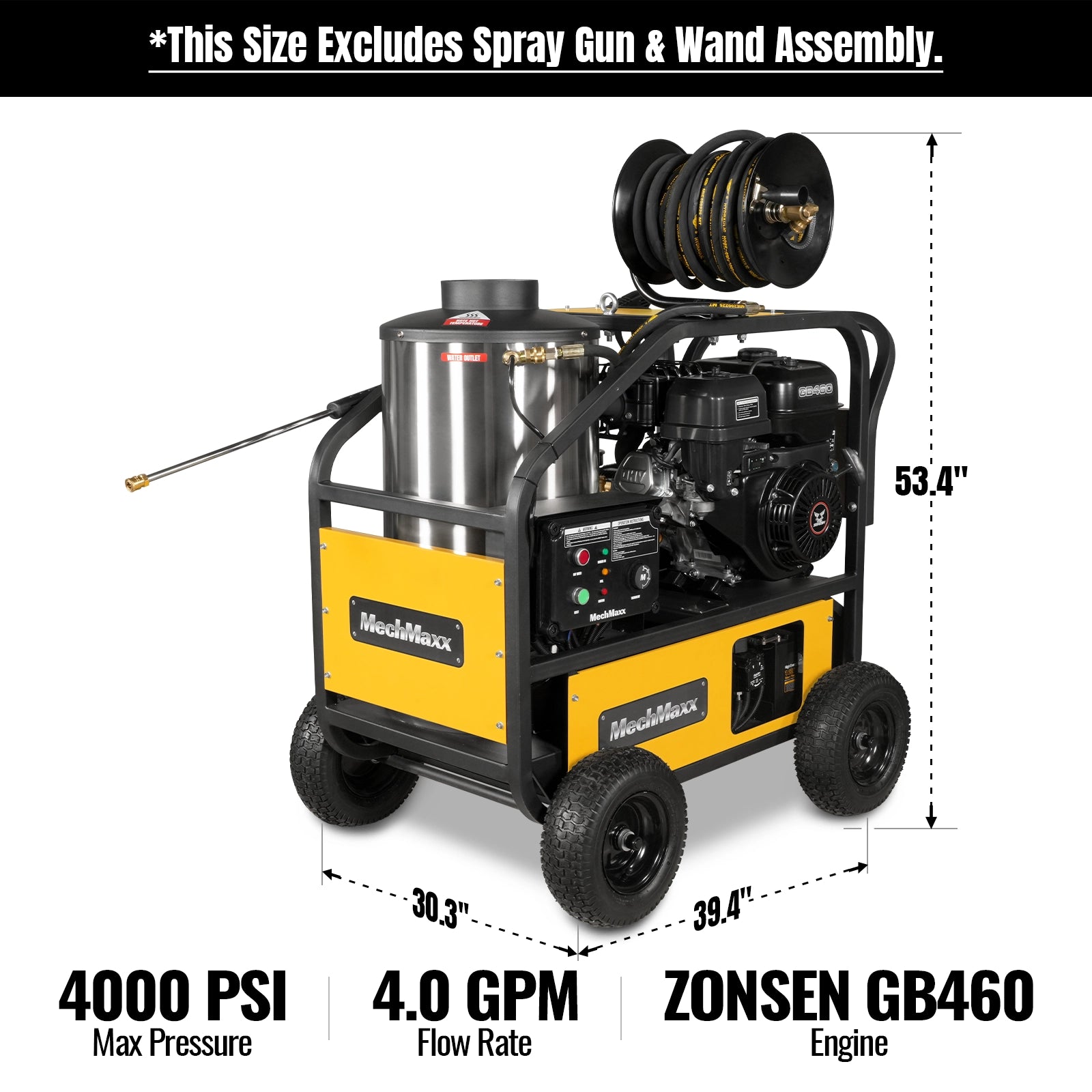 4000 PSI 4 GPM 15 HP ZONSEN E-Start Gas Engine Hot Water Pressure Washer with Hose Reel, HPW40D