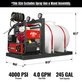 4000 PSI 4 GPM HONDA E-Start Engine Hot Water Pressure Washer Skid Mounted with 245 Gal Tank, HPW40HBT