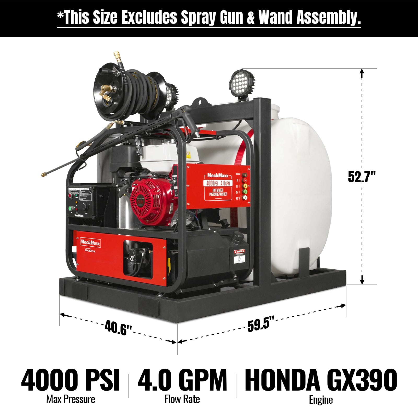 4000 PSI 4 GPM HONDA E-Start Engine Hot Water Pressure Washer Skid Mounted with 175 Gal Tank,  HPW40HT