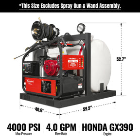 4000 PSI 4 GPM HONDA E-Start Engine Hot Water Pressure Washer Skid Mounted with 175 Gal Tank,  HPW40HT