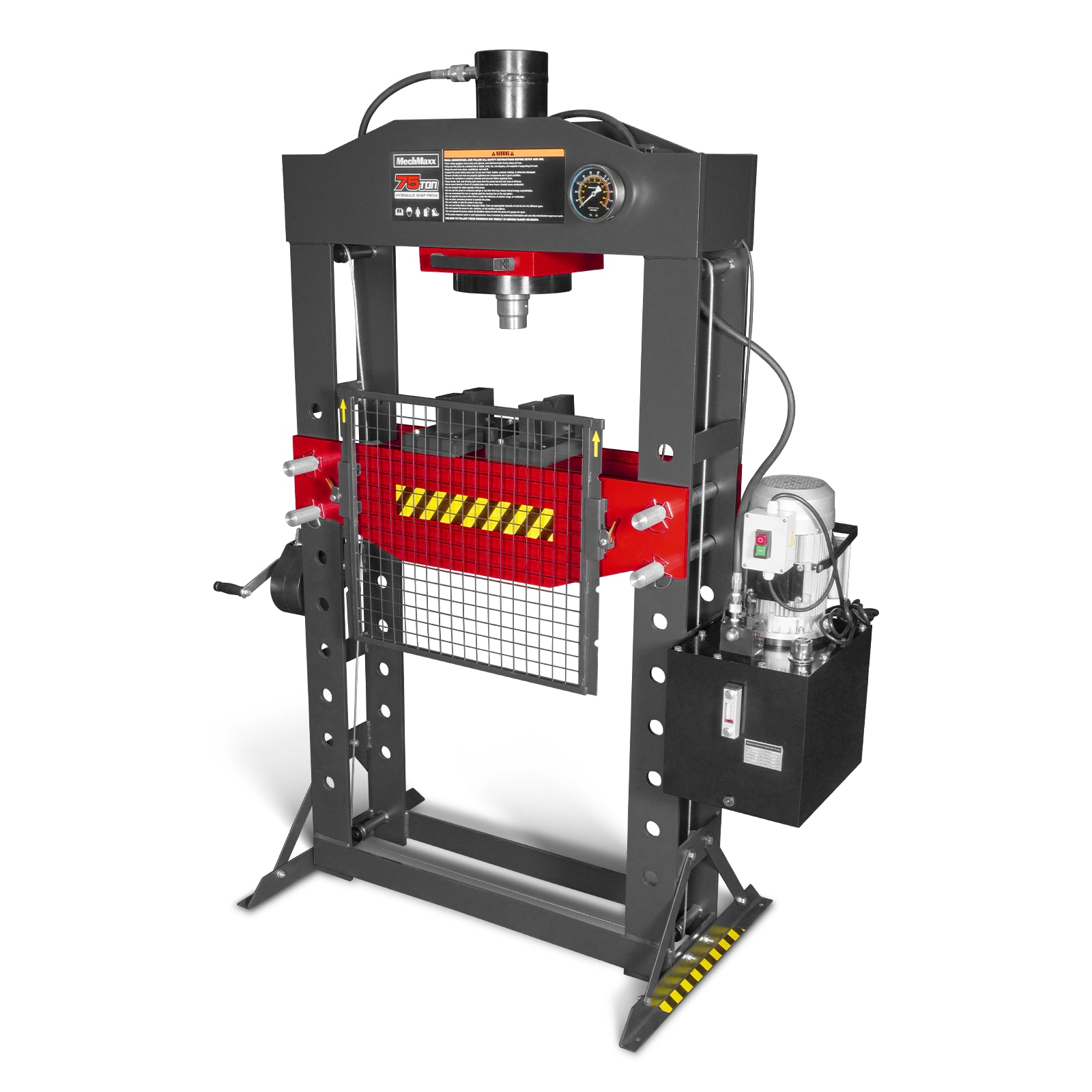 75 Ton H-Frame Electric Hydraulic Shop Press with Hand Winch,  110V Motor,  Fully Welded Steel Frame,  Safety Guard,  Foot Pedal Control,  HSP75E