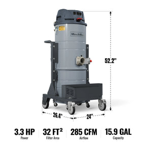 Industrial Wet/Dry Vacuum Cleaner with HEPA Filter Three Motor 3.3 HP 285 CFM 16 Gallon - 110V 1 Phase, IVA3M
