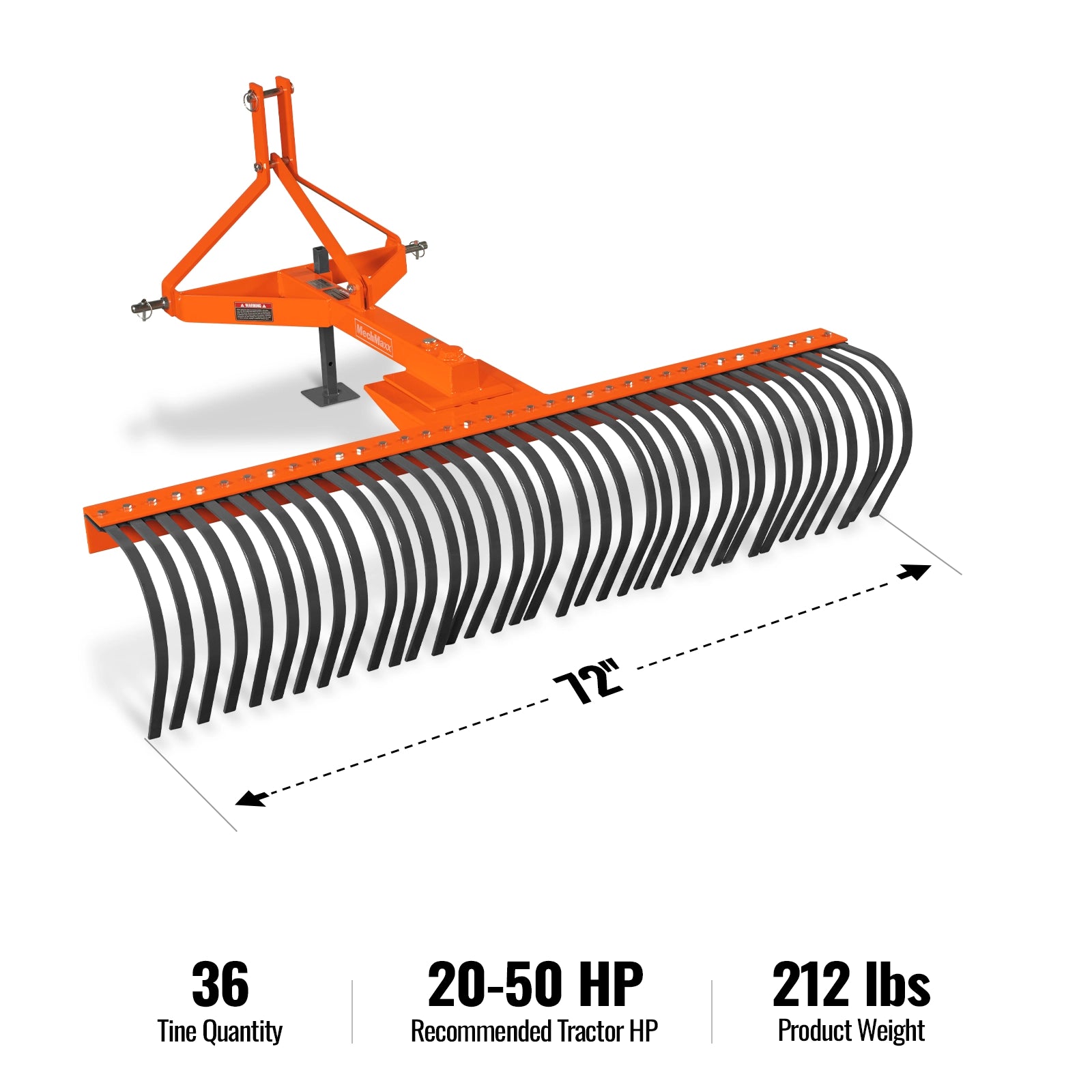 72" Landscape Rake with 36 Tines 3 Point Hitch Tractor Attachment, LR72
