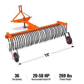 72" Landscape Rake with Bolt-On Wheels & 36 Tines 3 Point Hitch Tractor Attachment, LR72W