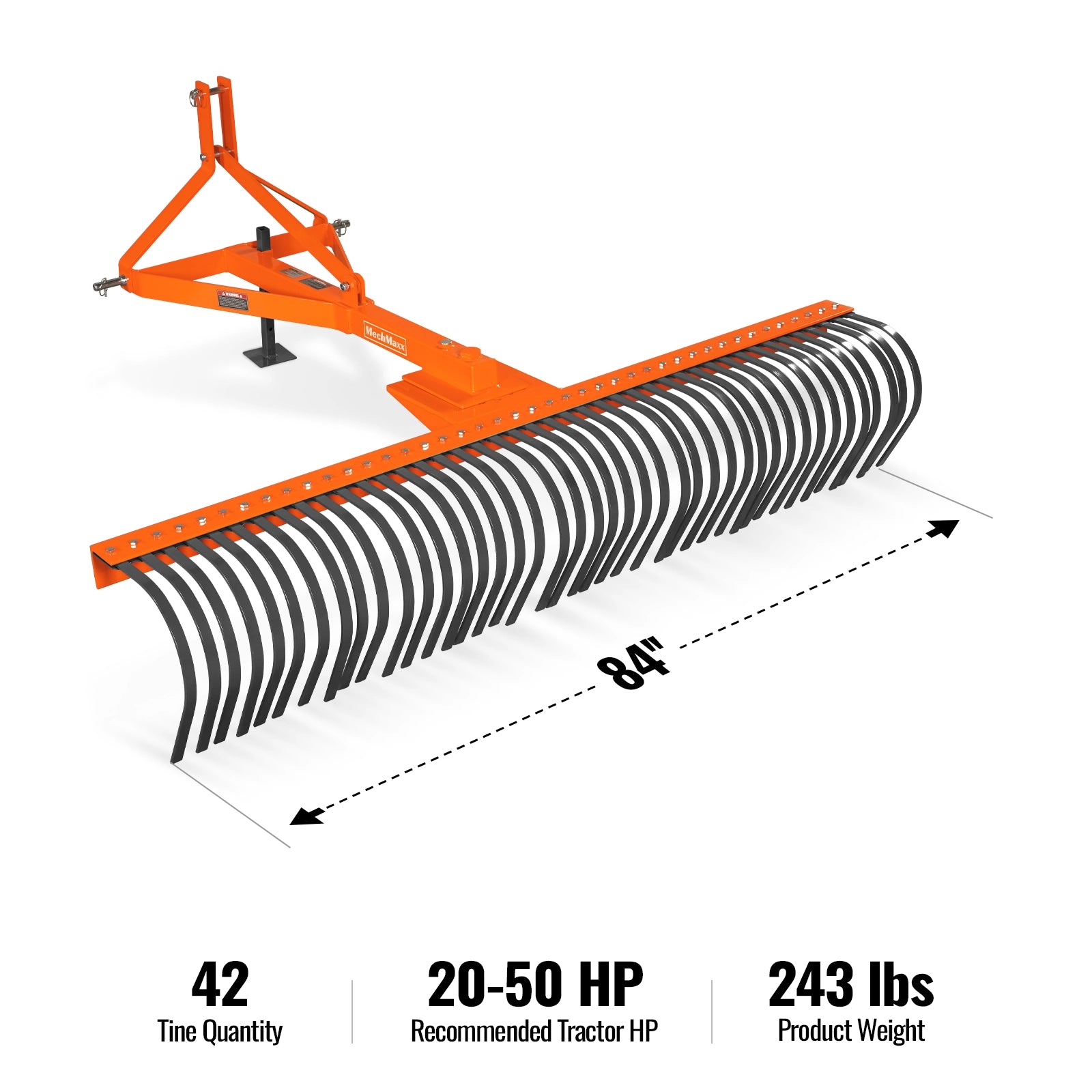 84" Landscape Rake with 42 Tines 3 Point Hitch Tractor Attachment, LR84