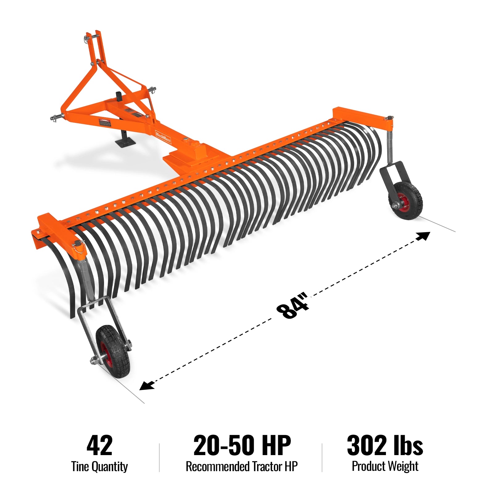 84" Landscape Rake with Bolt-On Wheels & 42 Tines 3 Point Hitch Tractor Attachment, LR84W