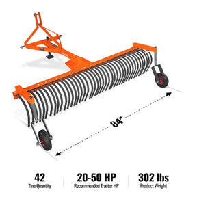 84" Landscape Rake with Bolt-On Wheels & 42 Tines 3 Point Hitch Tractor Attachment, LR84W