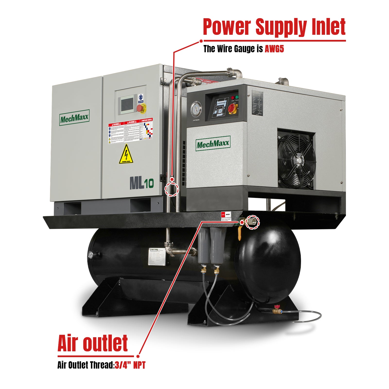 32CFM Industrial Rotary Screw Air Compressor 10HP 116PSI 230V3PH With 62Gal Tank & Dryer