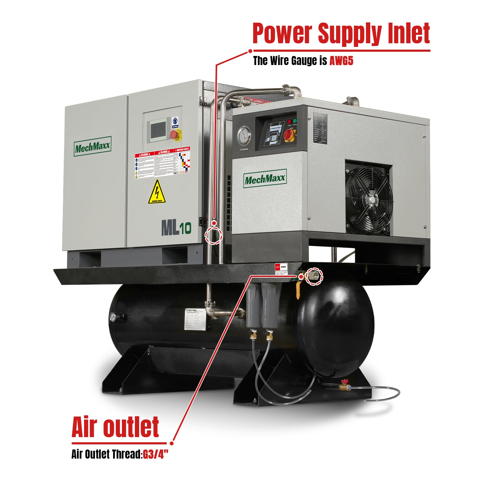 32CFM Industrial Rotary Screw Air Compressor 10HP 116PSI 230V3P With 62Gal Tank & Dryer