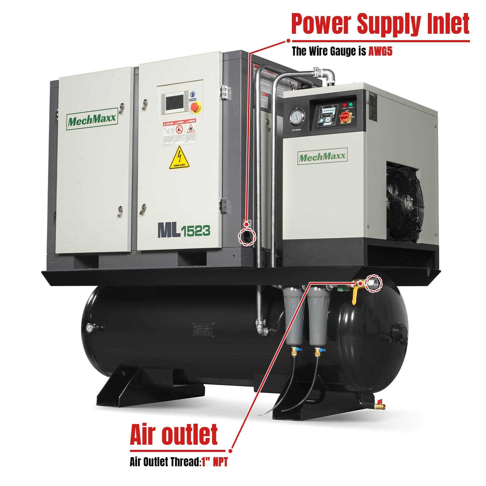 15HP Combined Rotary Screw Air Compressor with Dryer & 105-Gal ASME Ta
