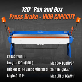 120-inch Manual Sheet Metal Brake - 14 Gauge Bending Capacity, Adjustable Fingers, Heavy-Duty Steel Construction, Precision Bending for Box and Pan