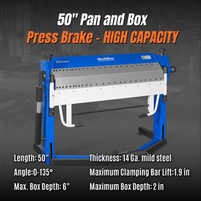 50-Inch Foot Clamp Pan and Box Brake, Industrial Heavy Duty Sheet Metal Folding Machine, 0–135° Bending Angle, 1.9" Clamping Lift, 2" Box Depth
