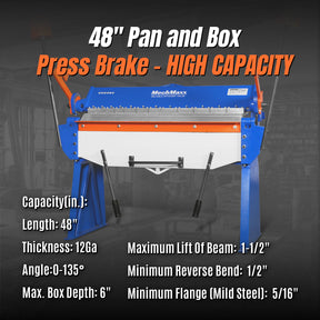 48” Manual Pan and Box Brake - Heavy Duty, Durable Construction, 12 Gauge Mild Steel, 135° Bending Angle, Individual Bending Fingers"