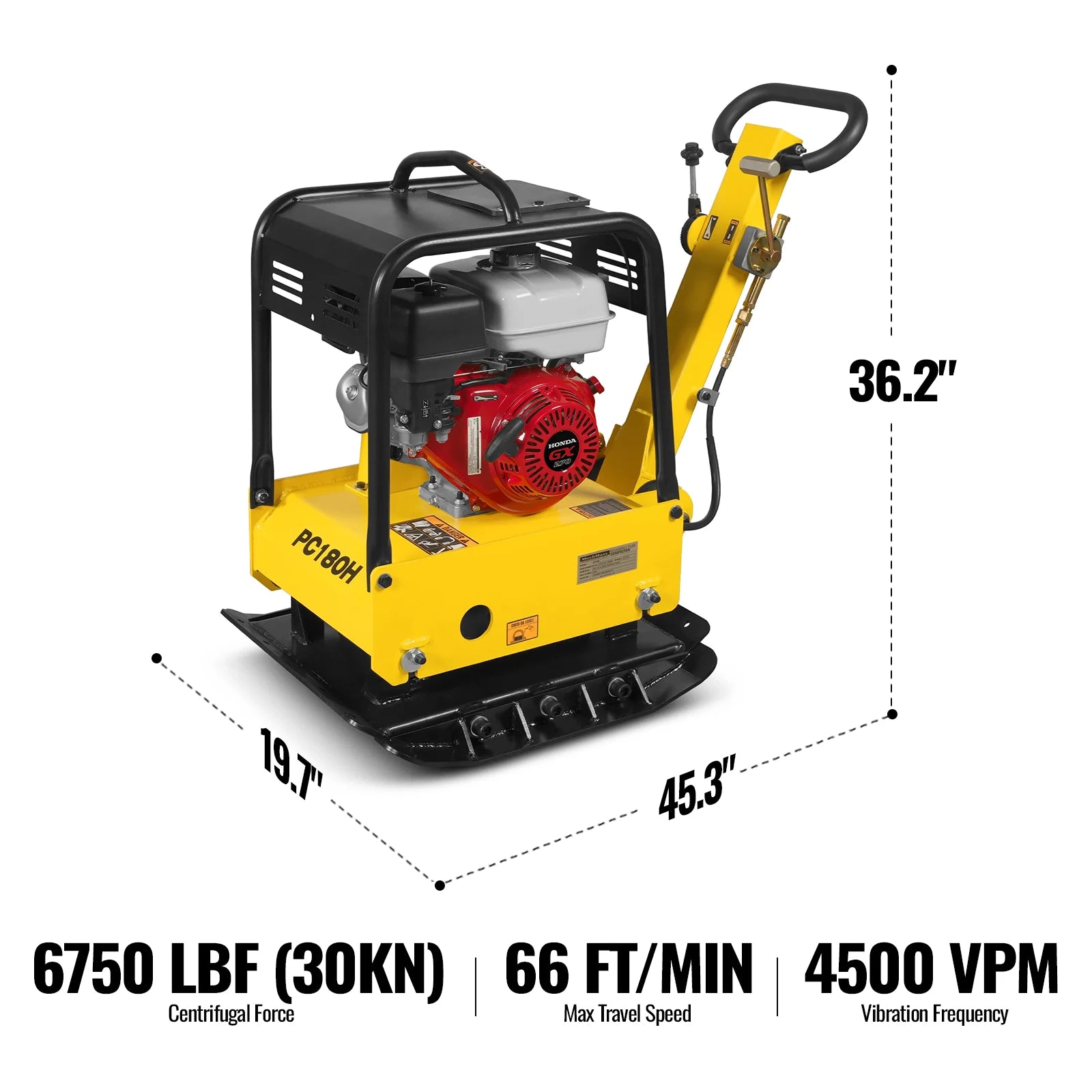 Honda GX270 Reversible Plate Compactor with Wheel Kit and Extension Plates, 6750 lb Centrifugal Force, PC180H