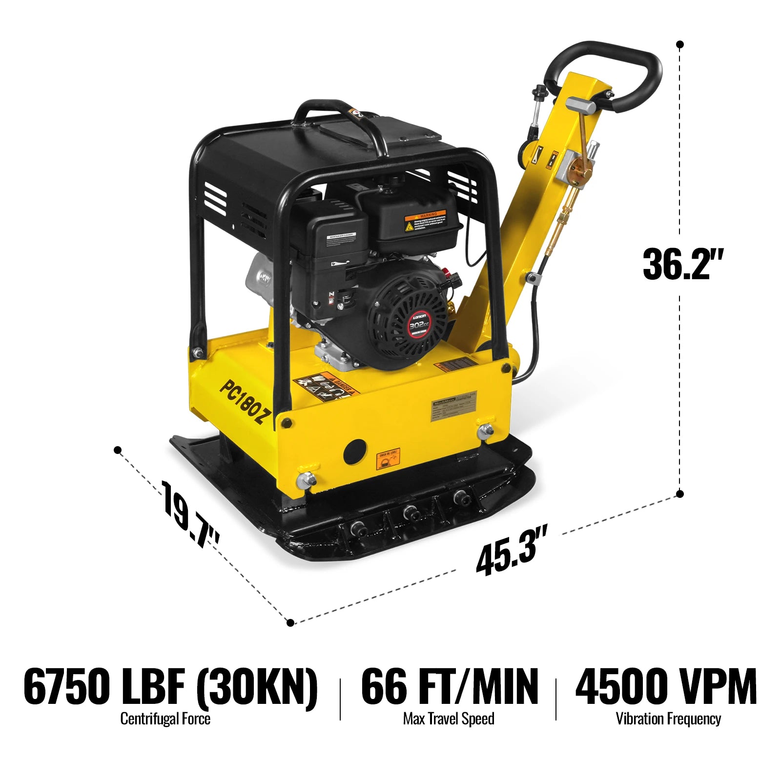 9 HP Reversible Plate Compactor with Wheel Kit and Extension Plates, 6750 lb Centrifugal Force, PC180Z