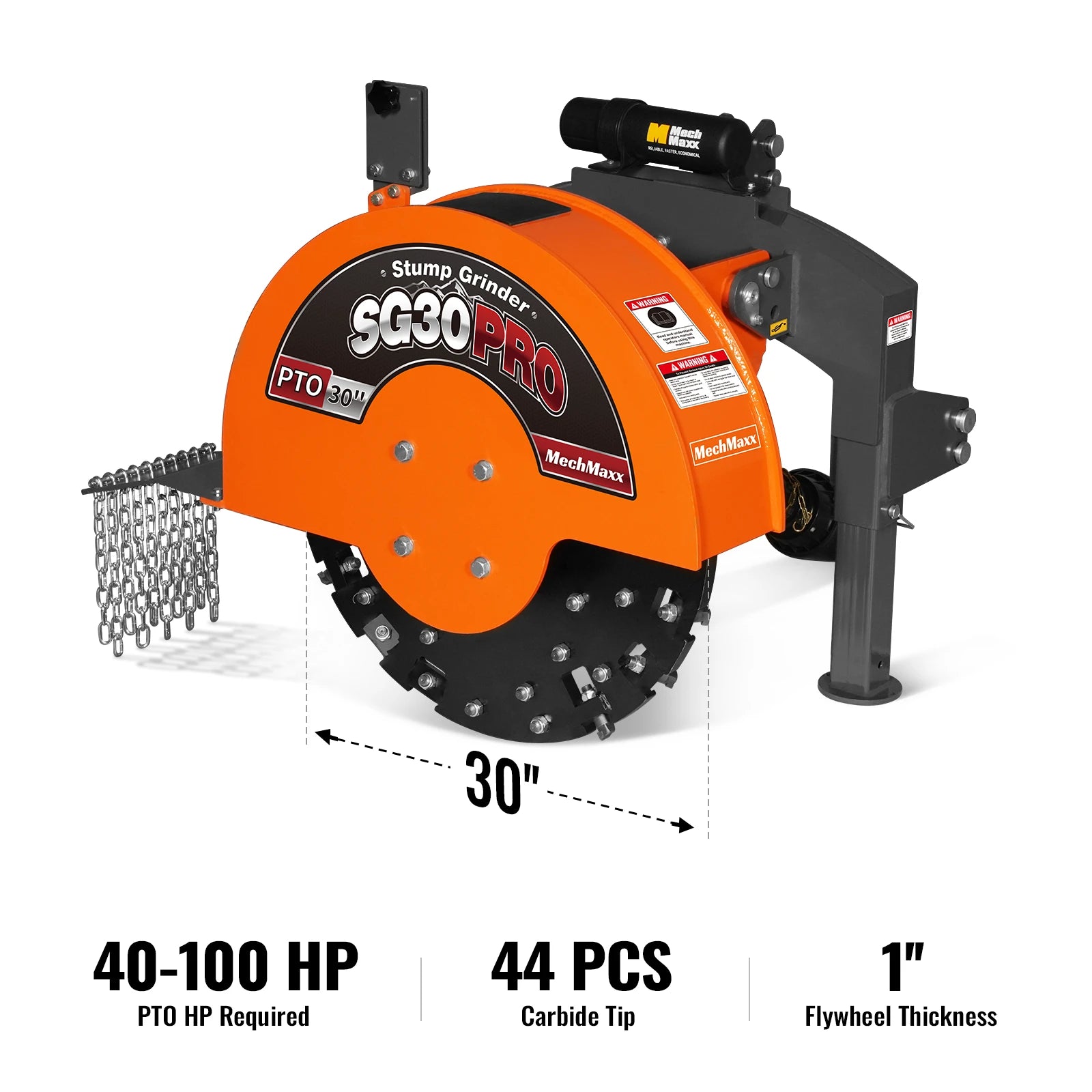 スマック45 3-Point PTO Stump Grinder, 30 in Flywheel, 40-100HP, with 44 Carbide T