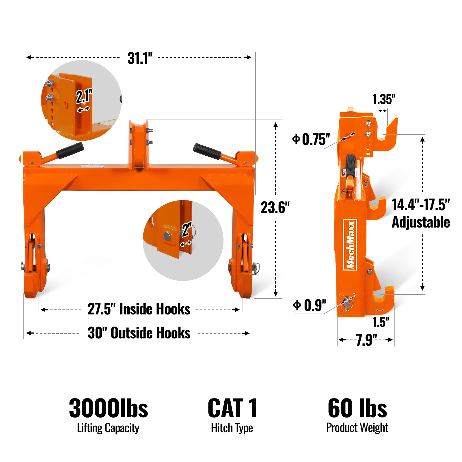 3 Point Quick Hitch Cat 1 for Tractors, Orange, QH1T