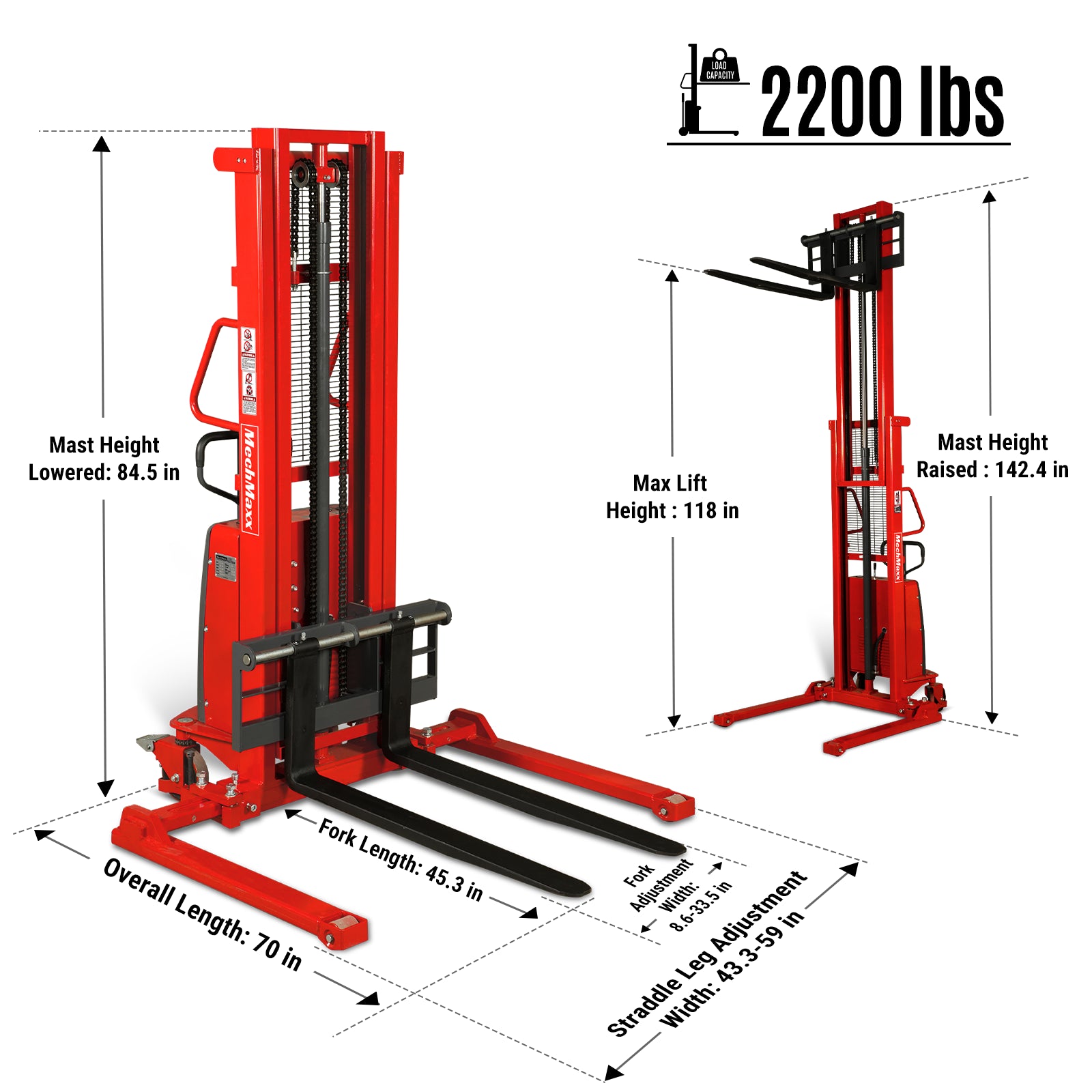 Semi-Electric Straddle Stacker 118'' Lift 2200lbs Capacity with Adj. Legs and Forks, S22-118S