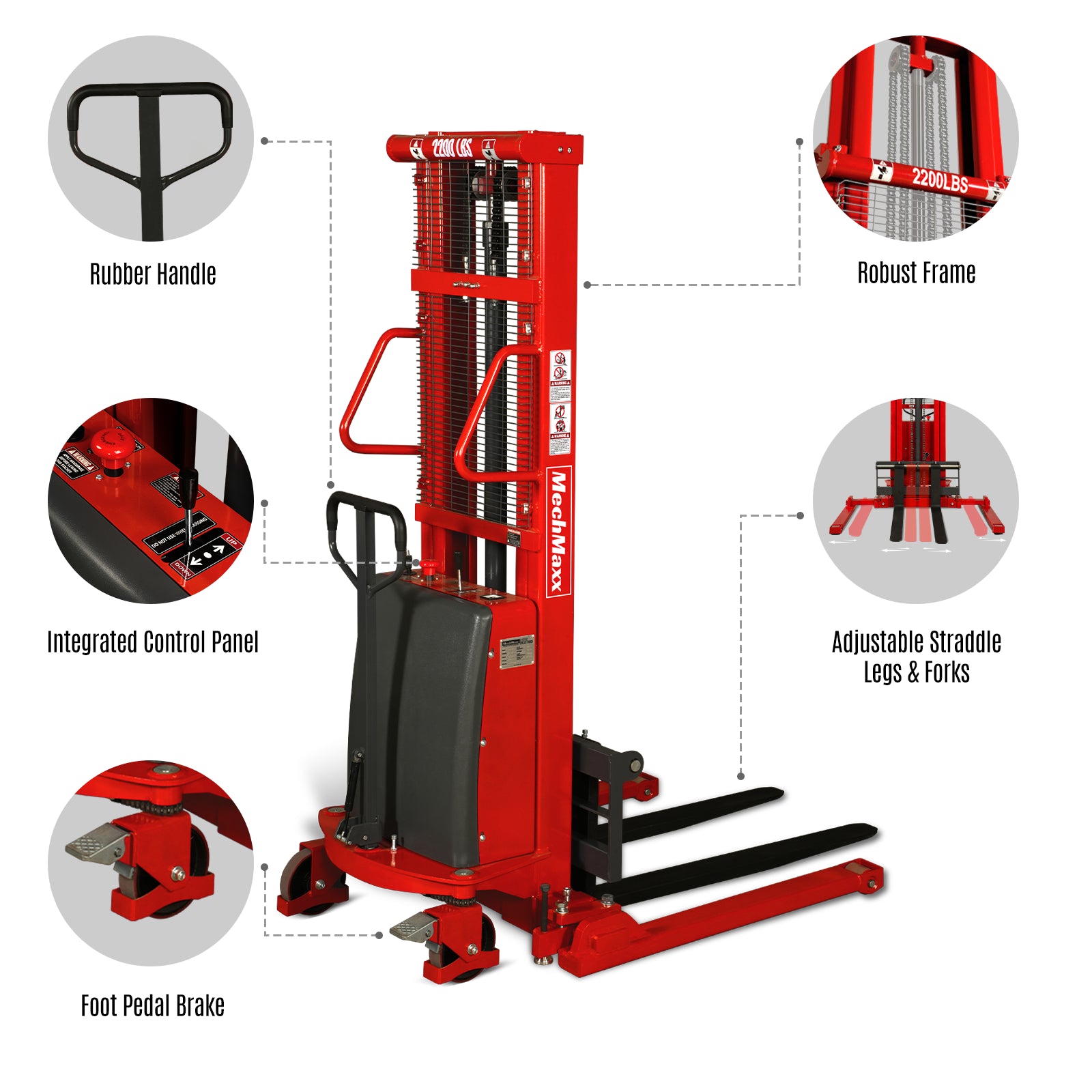 Semi-Electric Straddle Stacker 118'' Lift 2200lbs Capacity with Adj. Legs and Forks, S22-118S