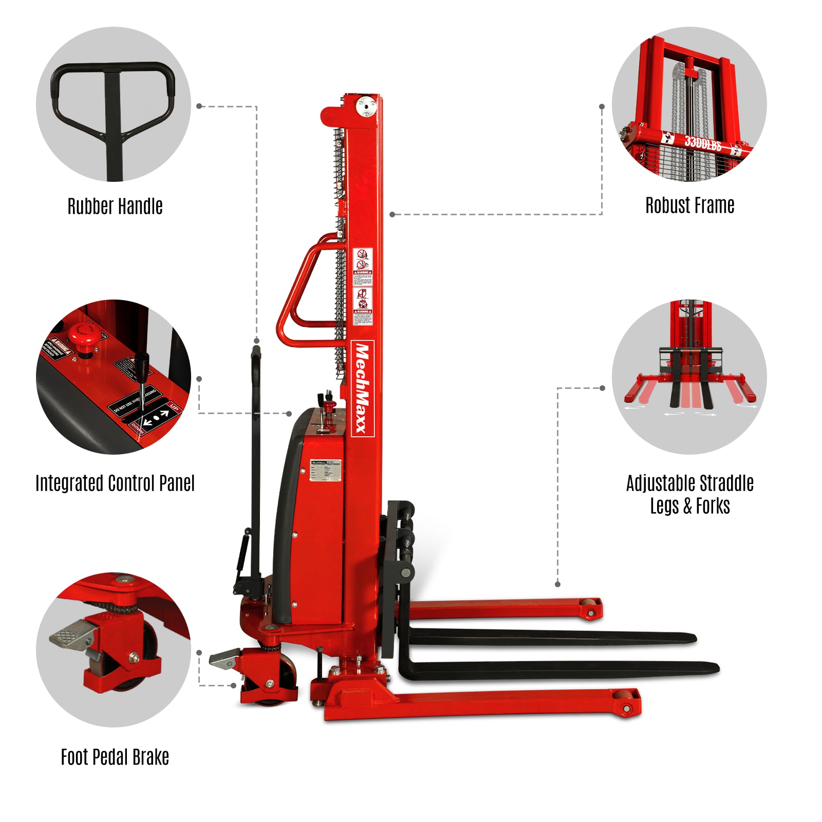 Semi-Electric Straddle Stacker 118'' Lift 3300lbs Capacity with Adj. Legs and Forks, S33-118S