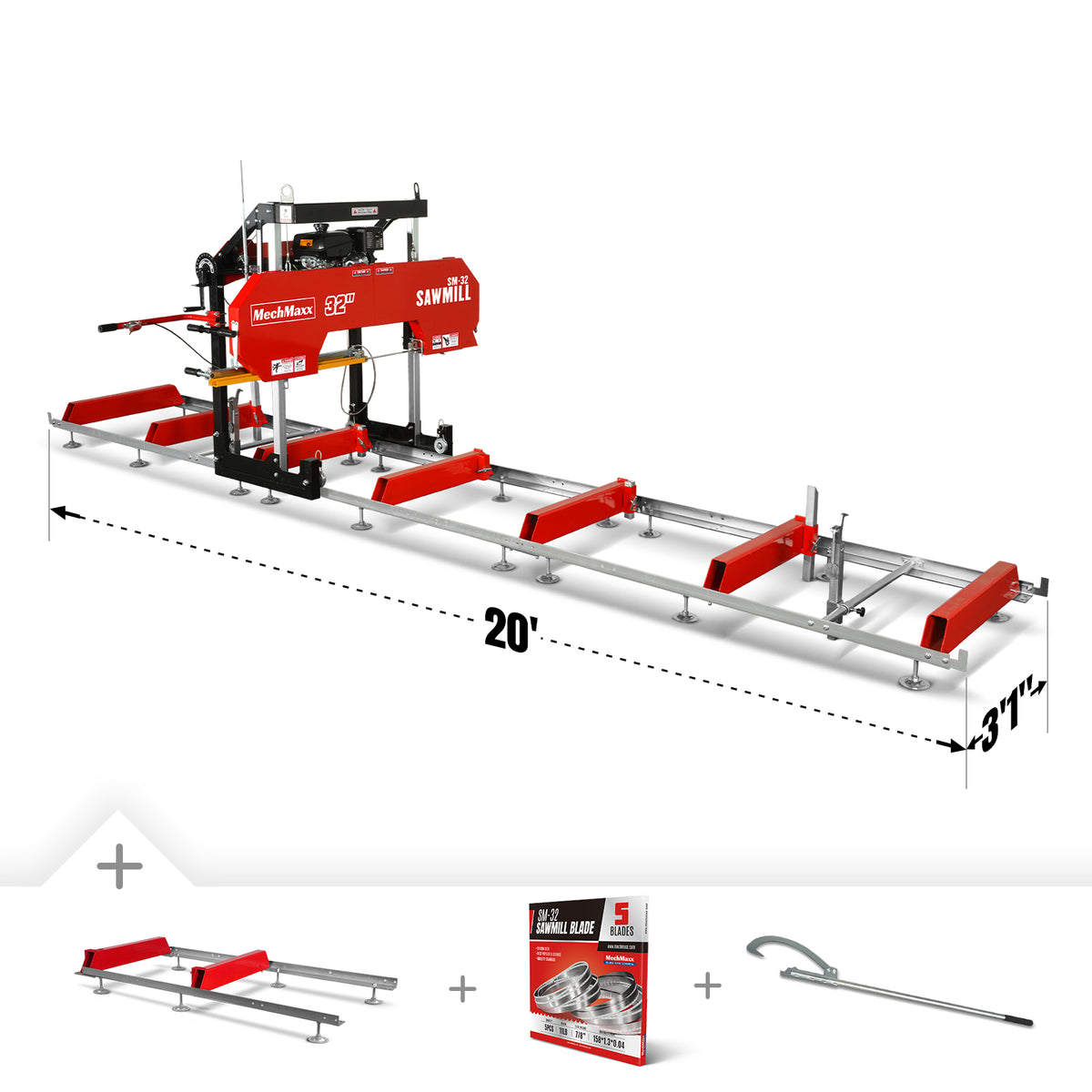 32" Portable Sawmill (5 x Blades Included),  KOHLER CH440 429cc E-Start Gasoline Engine, 29" Board Width, 20' Track Length (13' Track Length + 6.6' Track Extension Included) , SM32