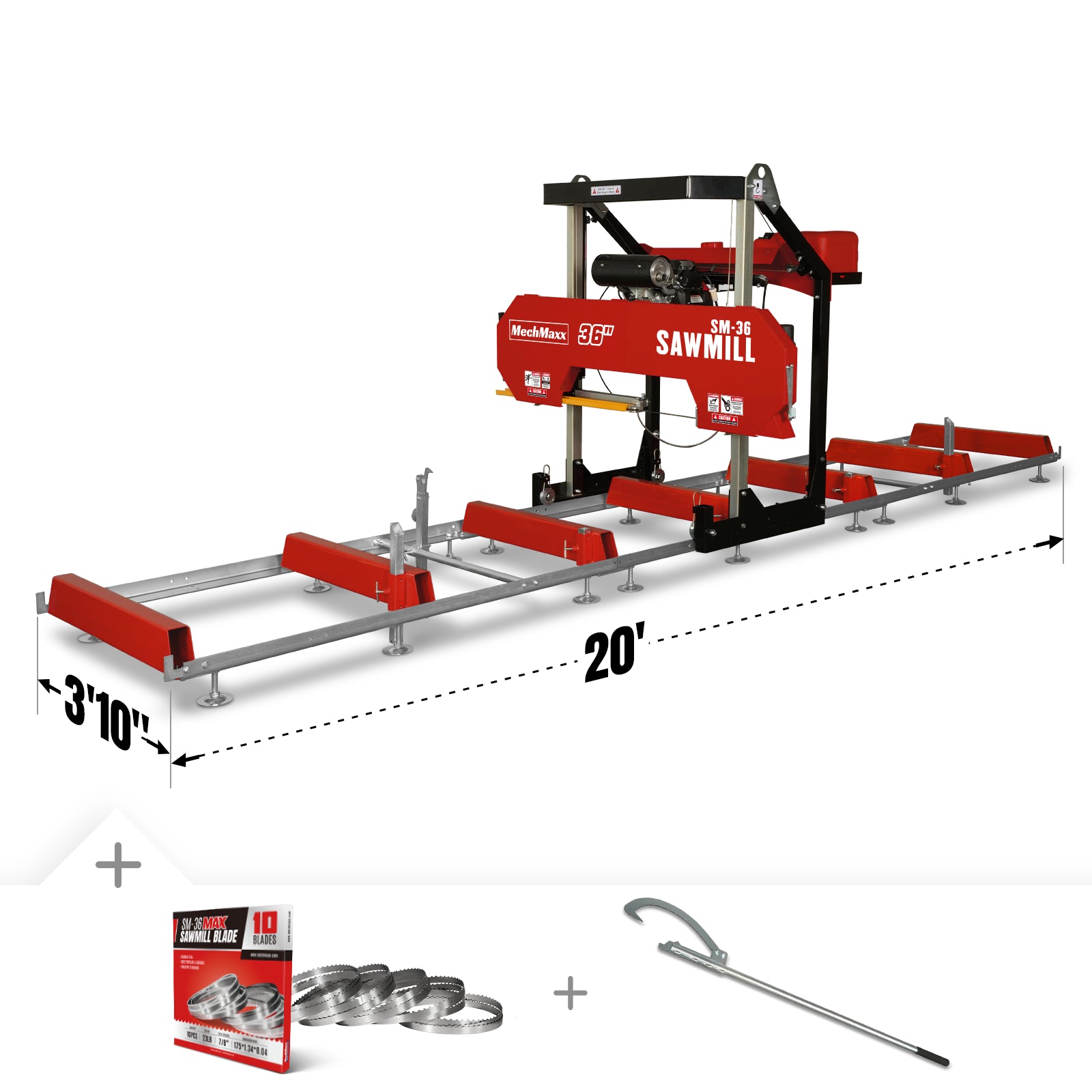 36" MAX Portable Sawmill, 25HP 688cc HONDA GX690 V-Twin Engine, 36" Board Width, 20' Track Length, (10 x Blades Included), SM36HMAX