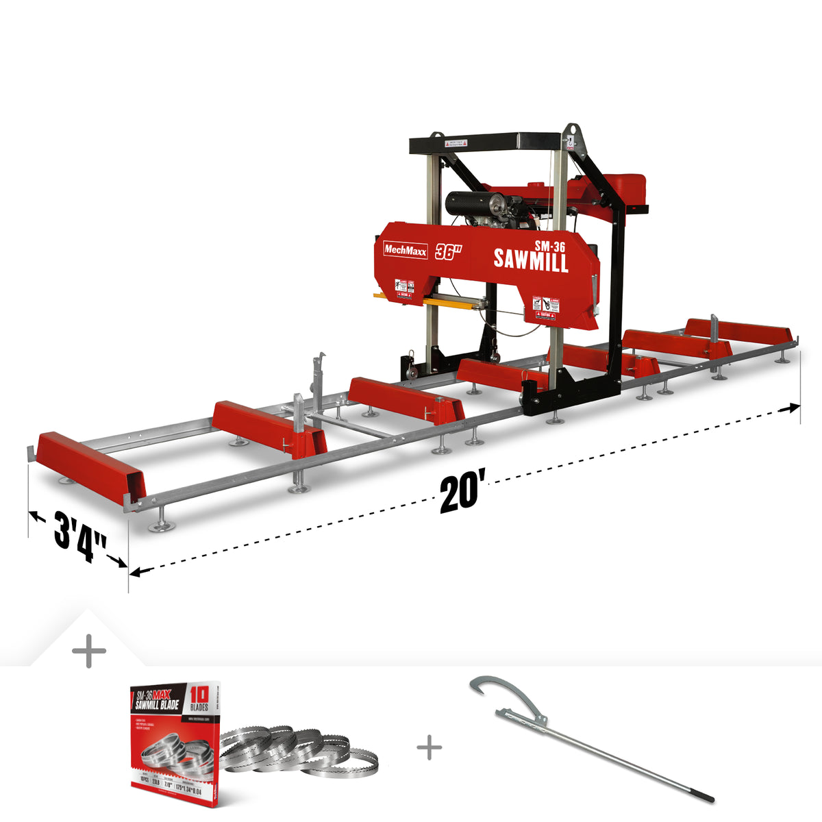 36" MAX Portable Sawmill, 25HP HONDA GX690 V-Twin Engine, 36" Board Width, 20' Track Length, (10 x Blades Included), SM36HMAX