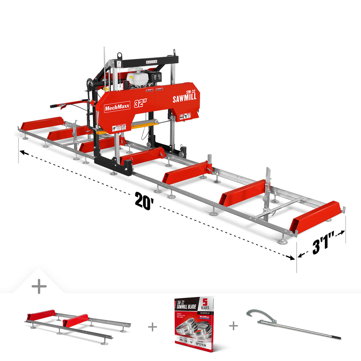 32" Portable Sawmill (5 x Blades Included), HONDA GX390 389cc E-Start Gasoline Engine, 29" Board Width, 20' Track Length (13' Track Length + 6.6' Track Extension Included) , SM32