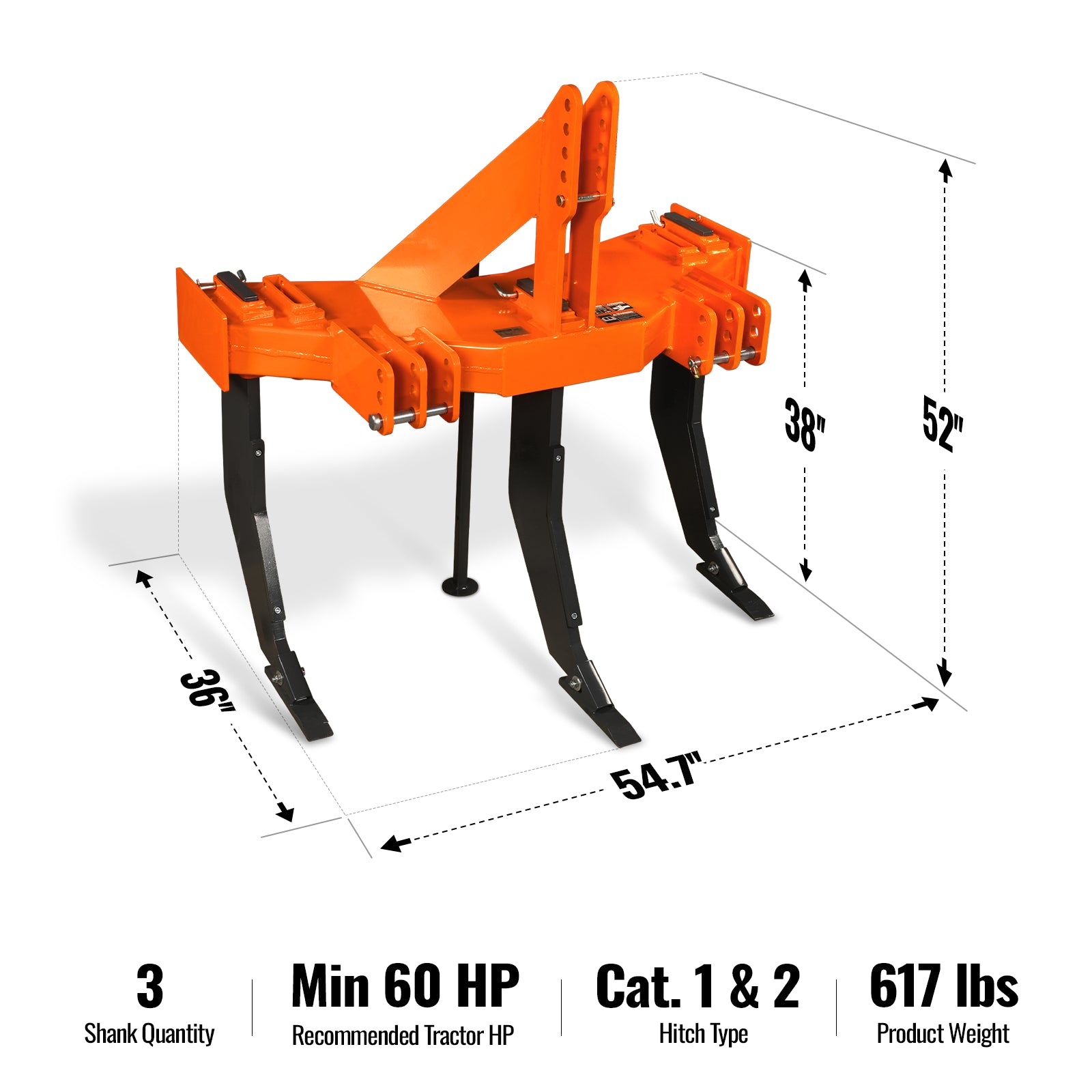 Heavy Duty 3 Shank Subsoiler Plow Ground Ripper 3 Point Hitch Cat1&2,
