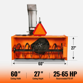 60" 3 Point PTO Snow Blower 24" Impeller Diameter 360° Snow Chute (PTO Shaft Included with Slip Clutch), 25-65 HP, TSB60T
