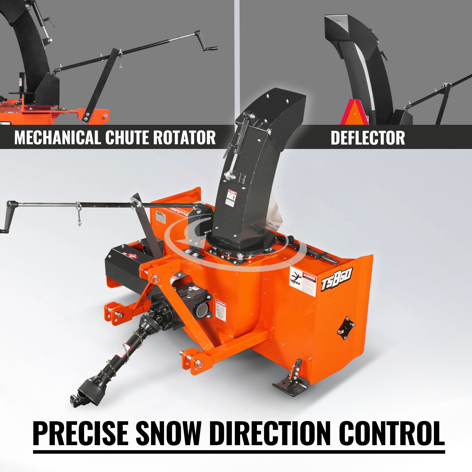 60" 3 Point PTO Snow Blower 24" Impeller Diameter 360° Snow Chute (PTO Shaft Included with Slip Clutch), 25-65 HP, TSB60T