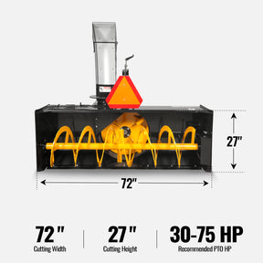 72" 3 Point PTO Snow Blower 24" Impeller Diameter 360° Snow Chute (PTO Shaft Included with Slip Clutch), 30-75 HP, TSB72