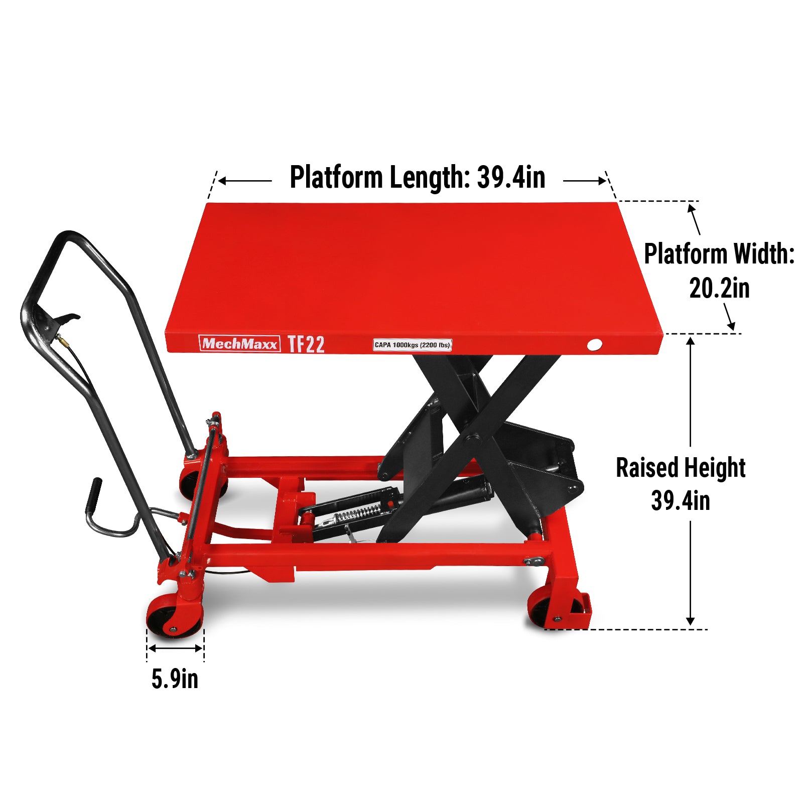 Mobile Scissor Lift Table Cart 2200lb Capacity,Platform Size39.4" x 20.2",Height39.4"