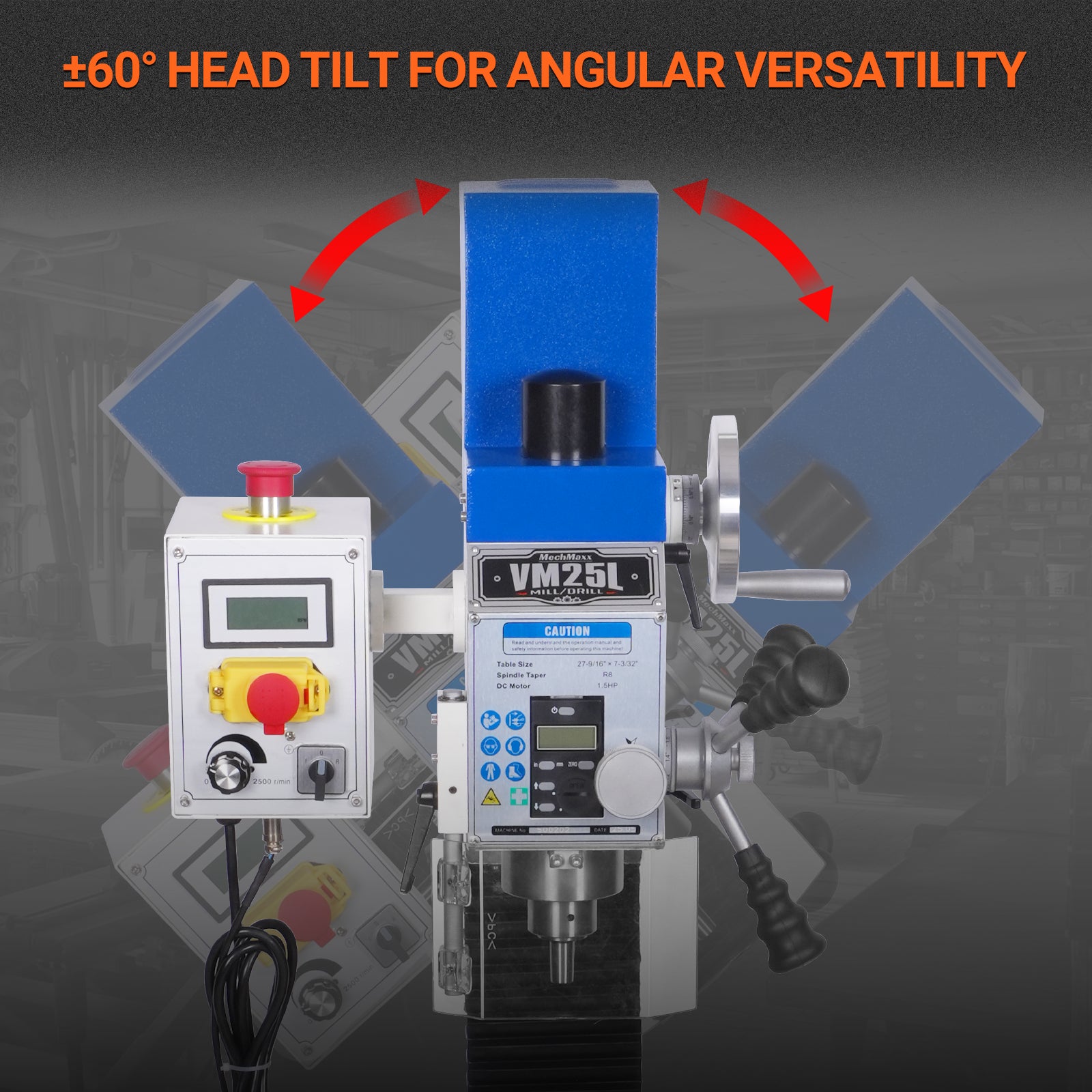 7‘’ x 27-1/2‘’ Benchtop Mini Mill Drill Machine, Variable Speed, Brshless Motor, R8 Spindle, 1.5 HP, 110V, Compact Milling Drilling Tool for Garage Shop, DIY Metalworking with Stand VM25L