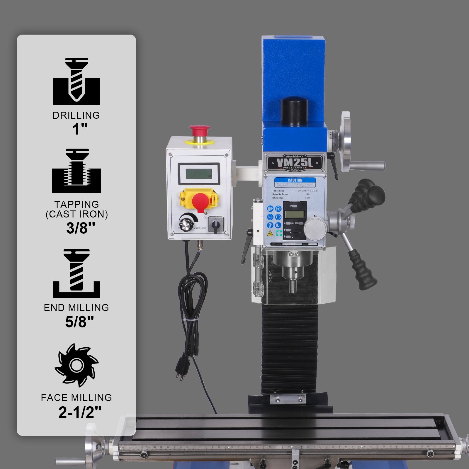 7‘’ x 27-1/2‘’ Benchtop Mini Mill Drill Machine, Variable Speed, Brshless Motor, R8 Spindle, 1.5 HP, 110V, Compact Milling Drilling Tool for Garage Shop, DIY Metalworking with Stand VM25L