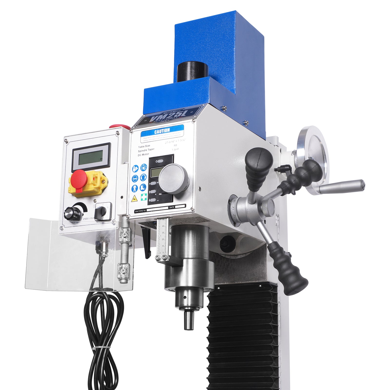 7‘’ x 27-1/2‘’ Benchtop Mini Mill Drill Machine, Variable Speed, Brshless Motor, R8 Spindle, 1.5 HP, 110V, Compact Milling Drilling Tool for Garage Shop, DIY Metalworking with Stand VM25L