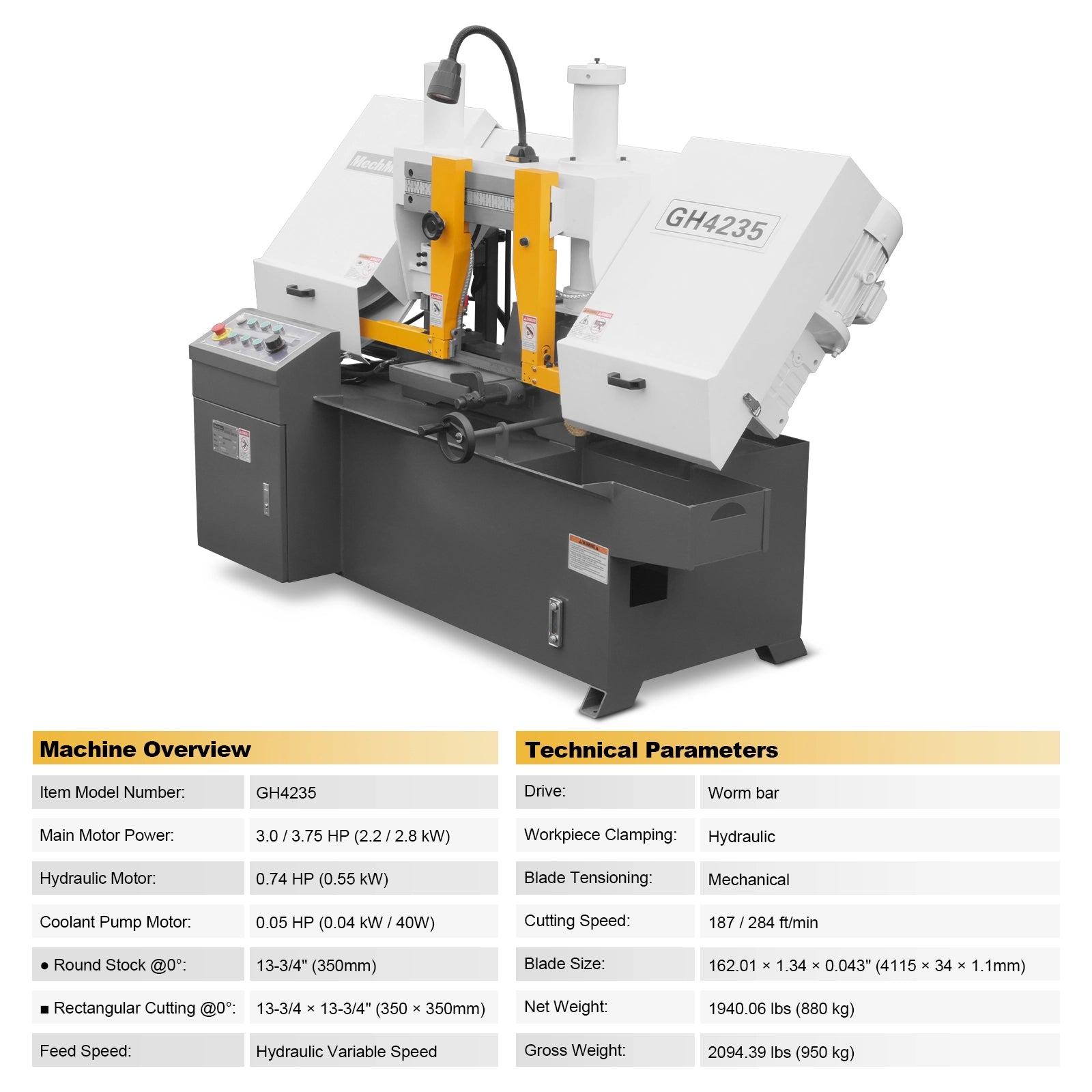 13" Double Column Horizontal Metal Cutting Band Saw | Hydraulic Feed | 2‑Speed | 2.2/2.8kW Industrial Metal Saw for Fabrication, Steel, Alloy, Carbon Steel GH4235