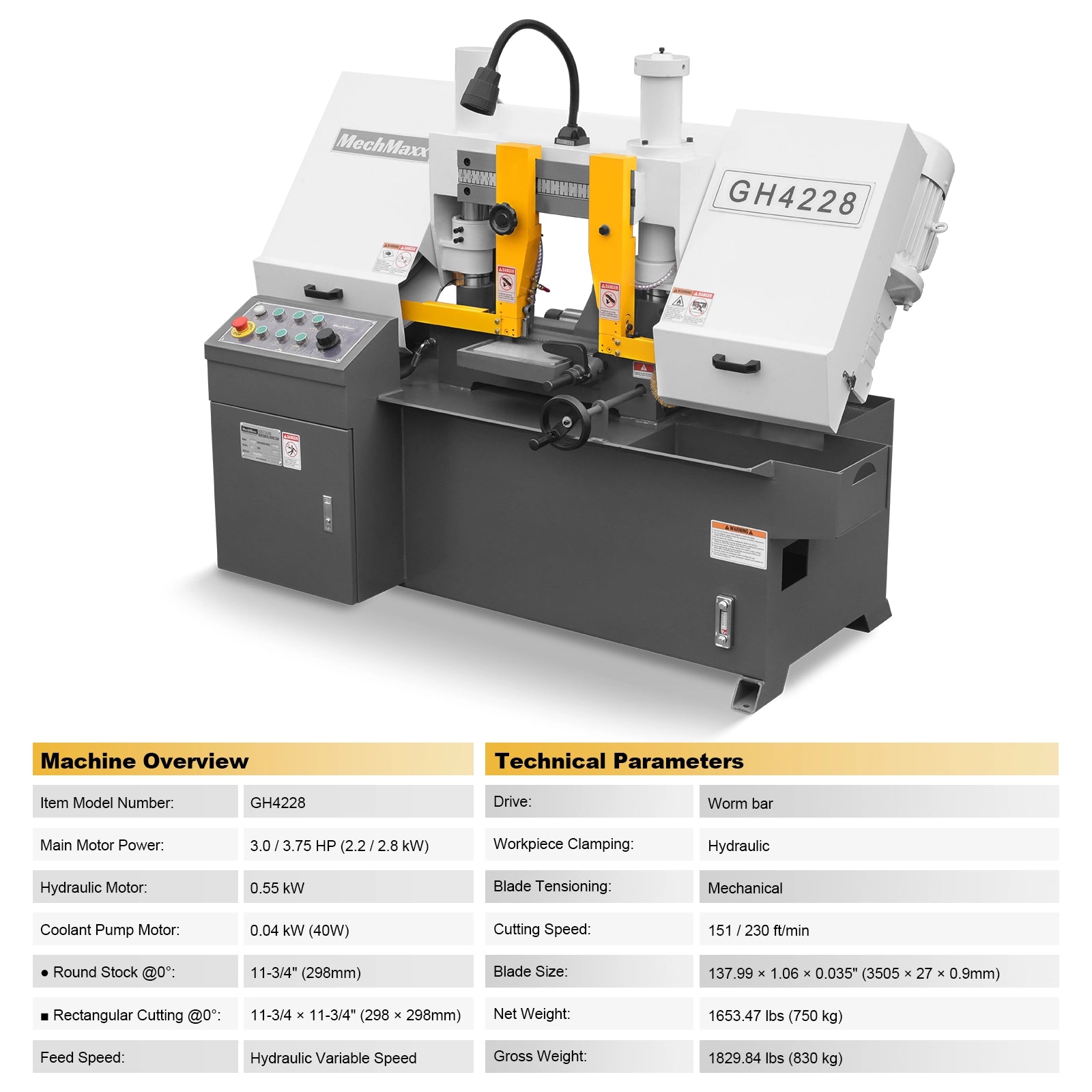 11" Double Column Horizontal Metal Cutting Band Saw, 2-Speed, Hydraulic Feed, 2.8kW Industrial Saw GH4228