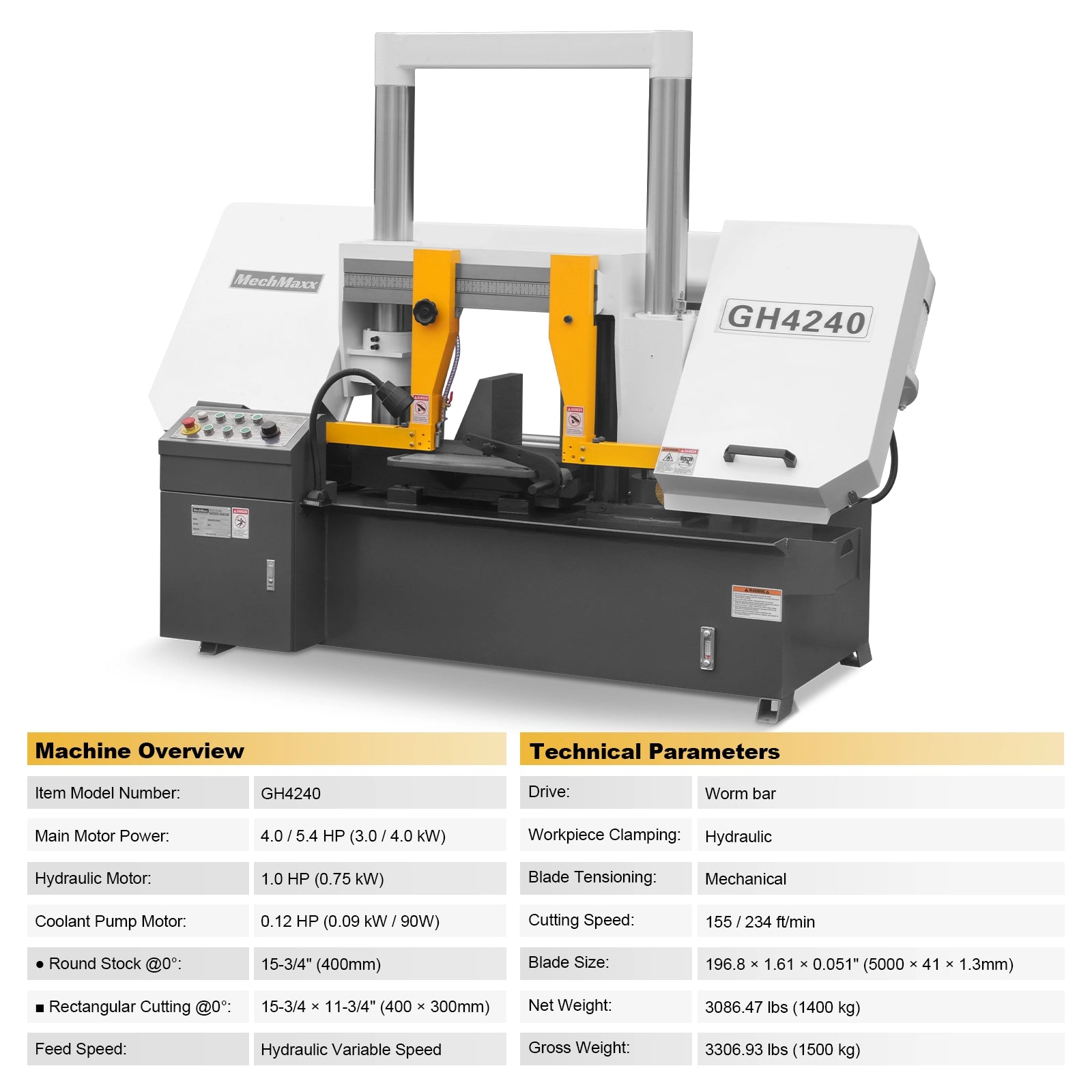 15.7" Industrial Horizontal Metal Cutting Band Saw, Hydraulic Feed, 3.0/4.0 kW Motor, Manual Clamping, for Steel, Alloy, Metal Fabrication GH4240